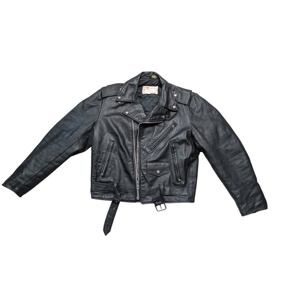 Excelled Men Biker Jacket Genuine Leather Quilted Liner Belted Black USA Made 40
